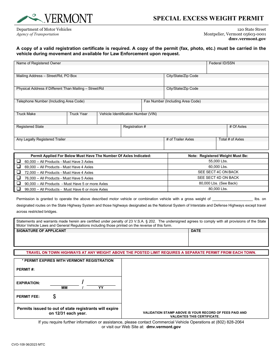 Form CVO-109 Special Excess Weight Permit - Vermont, Page 1