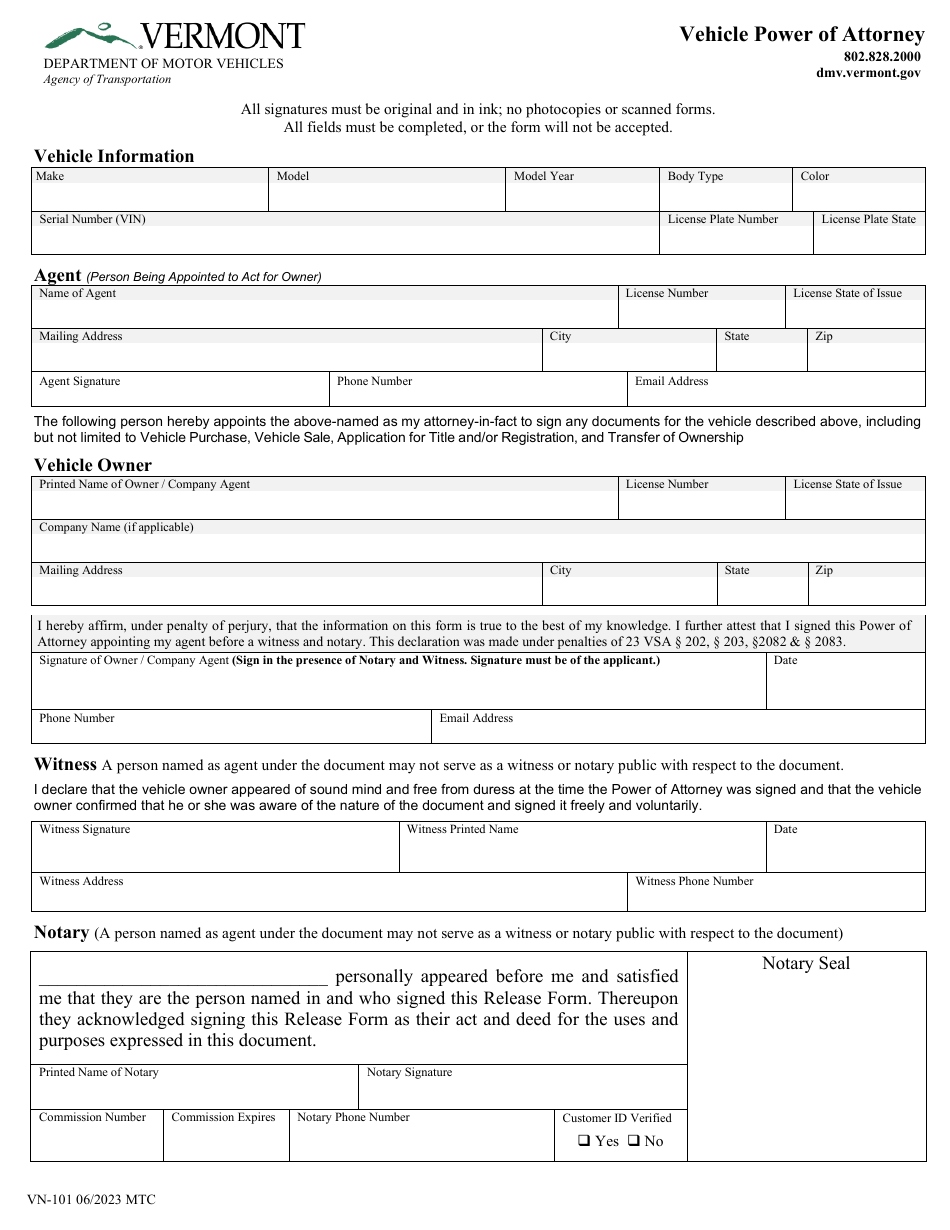 Form VN-101 Vehicle Power of Attorney - Vermont, Page 1
