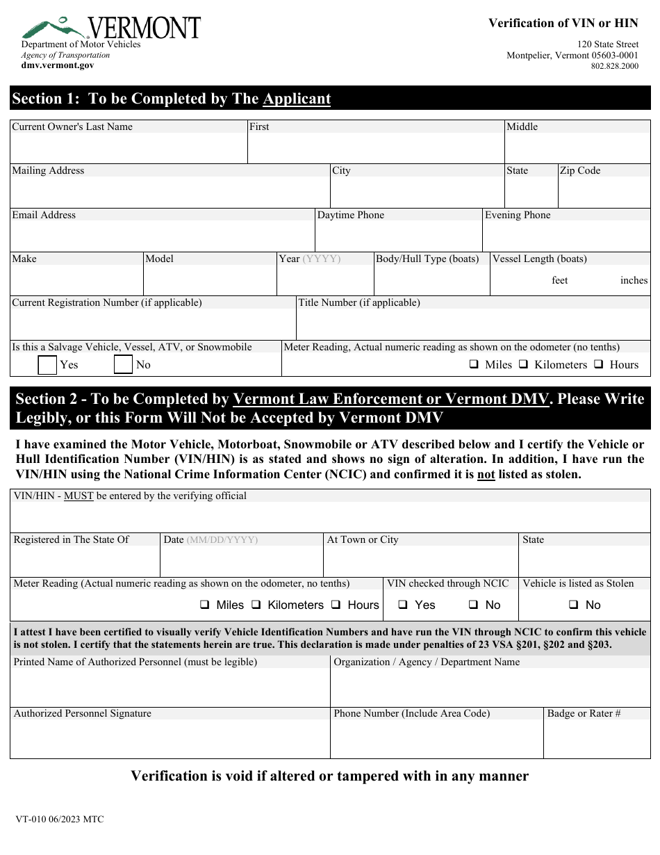 Form VT-010 Verification of Vin or Hin - Vermont, Page 1
