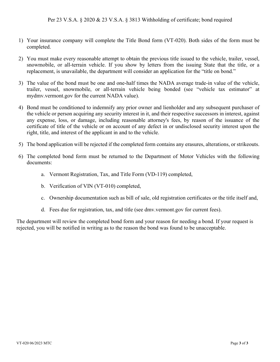Form VT-020 Vermont Title Bond - Vermont, Page 3