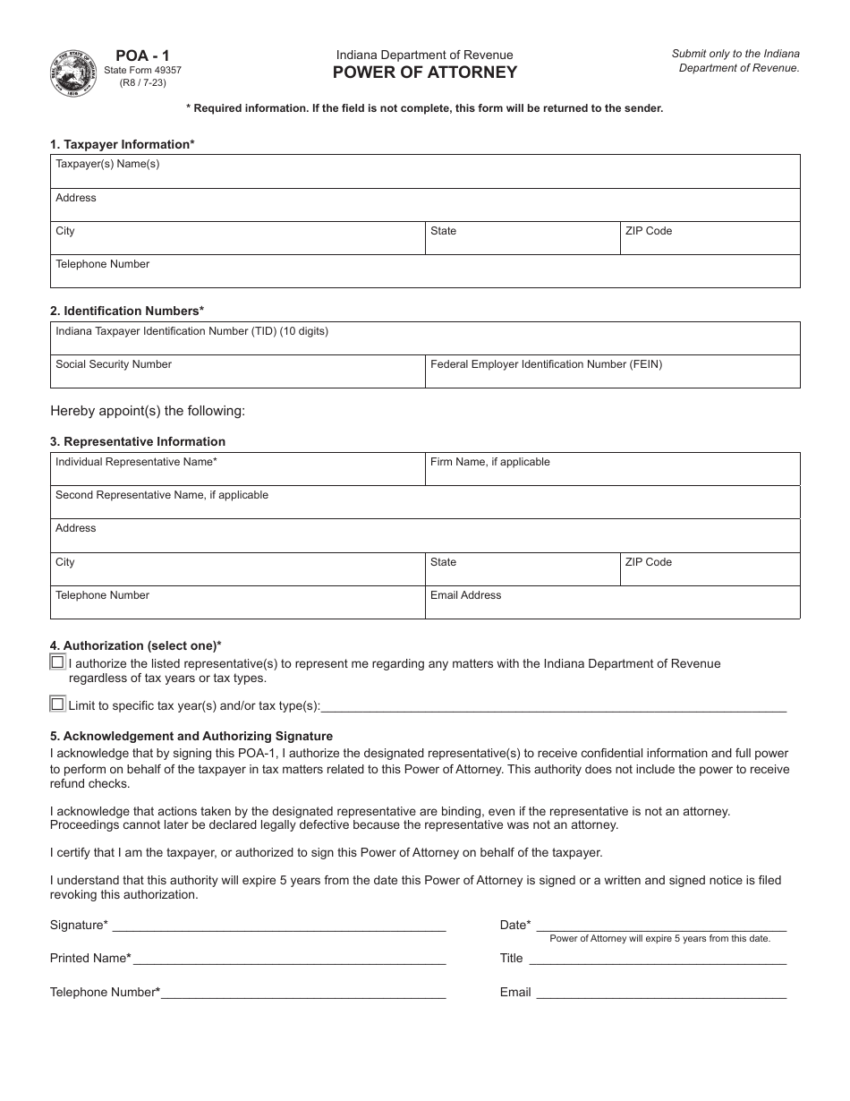 Form POA-1 Power of Attorney - Indiana, Page 1