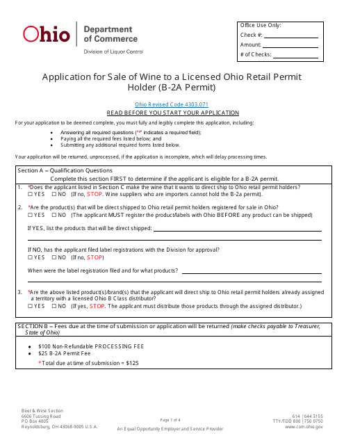 Form DLC4174 Application for Sale of Wine to a Licensed Ohio Retail Permit Holder (B-2a Permit) - Ohio