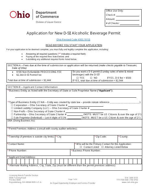 Form DLC4113_D-5I (LIQ-18-0020) Application for New D-5i Alcoholic Beverage Permit - Ohio