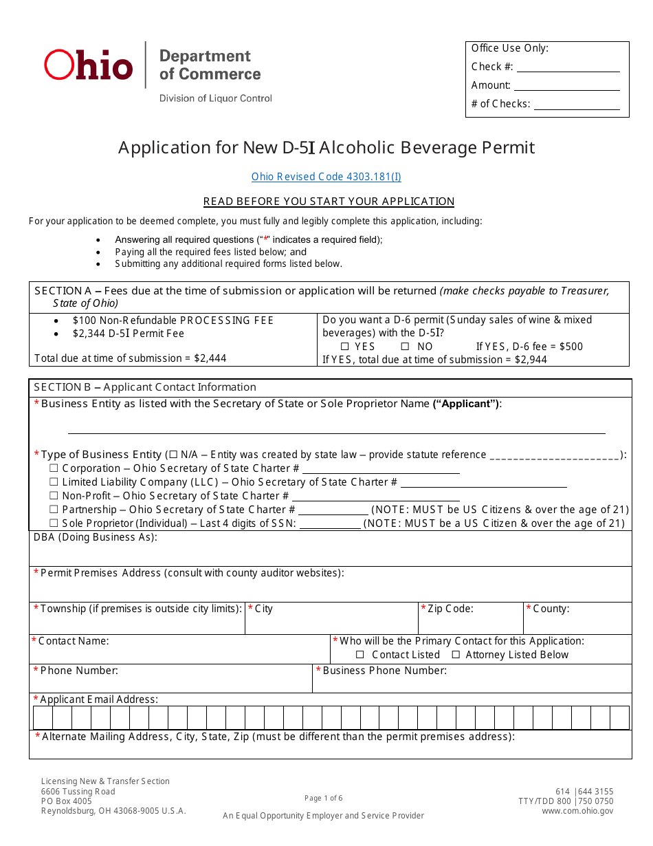 Form DLC4113_D-5I (LIQ-18-0020) Application for New D-5i Alcoholic Beverage Permit - Ohio, Page 1