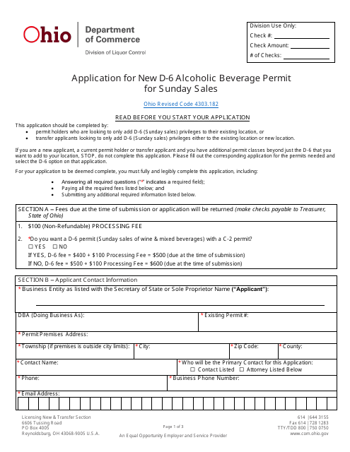 Form LIQ-18-0020 (DLC4113_D-6) Application for New D-6 Alcoholic Beverage Permit for Sunday Sales - Ohio