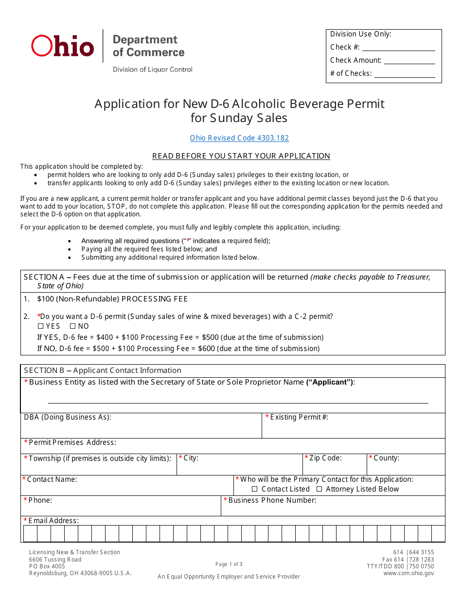 Form LIQ-18-0020 (DLC4113_D-6) Application for New D-6 Alcoholic Beverage Permit for Sunday Sales - Ohio, Page 1
