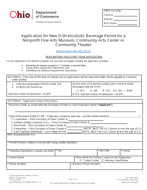 Form LIQ-18-0020 (DLC4113_D-5H) Application for New D-5h Alcoholic Beverage Permit for a Nonprofit Fine Arts Museum, Community Arts Center or Community Theater - Ohio