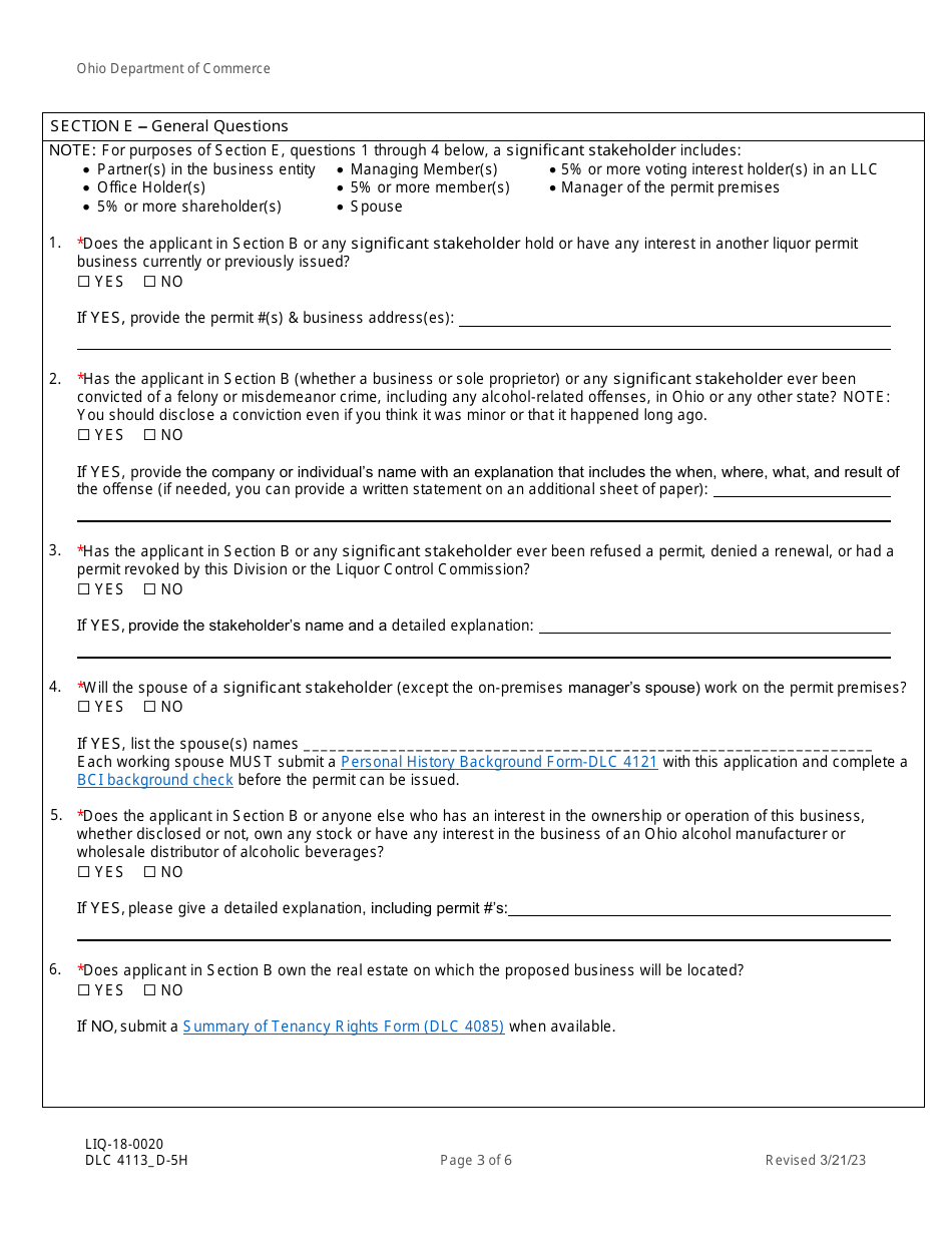 Form LIQ-18-0020 (DLC4113_D-5H) Application for New D-5h Alcoholic Beverage Permit for a Nonprofit Fine Arts Museum, Community Arts Center or Community Theater - Ohio, Page 3