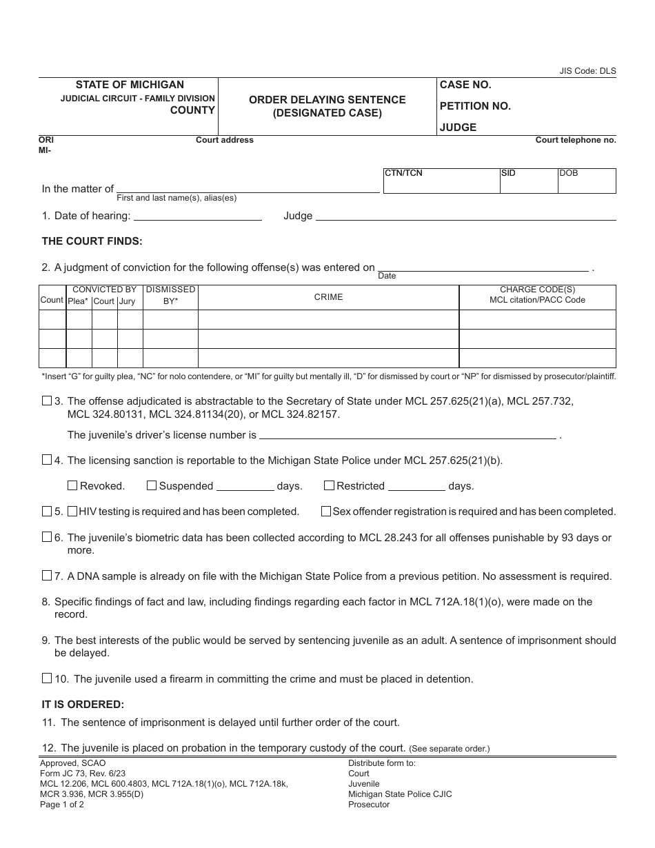 Form JC73 Order Delaying Sentence (Designated Case) - Michigan, Page 1