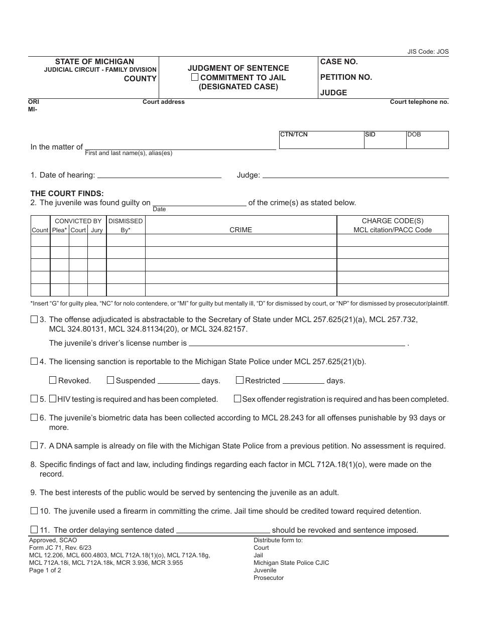 Form JC71 - Fill Out, Sign Online and Download Fillable PDF, Michigan ...