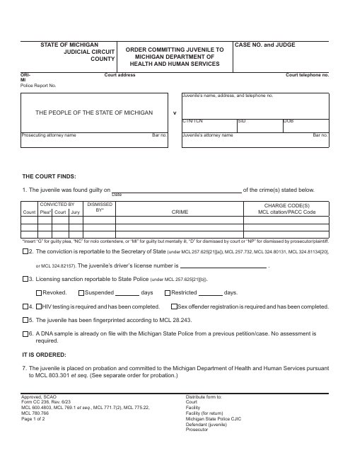 Form CC236 Order Committing Juvenile to Michigan Department of Health and Human Services - Michigan