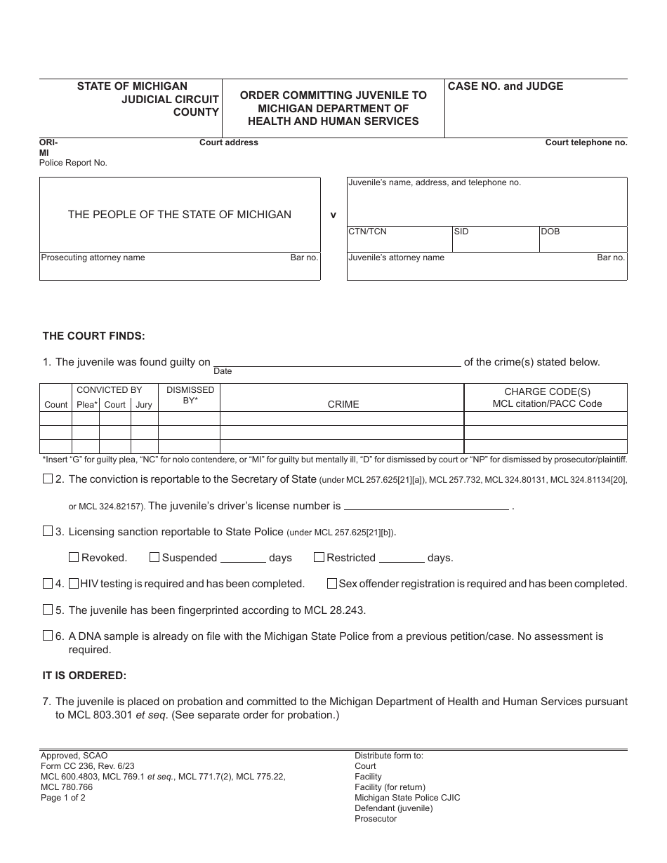 Form CC236 Order Committing Juvenile to Michigan Department of Health and Human Services - Michigan, Page 1
