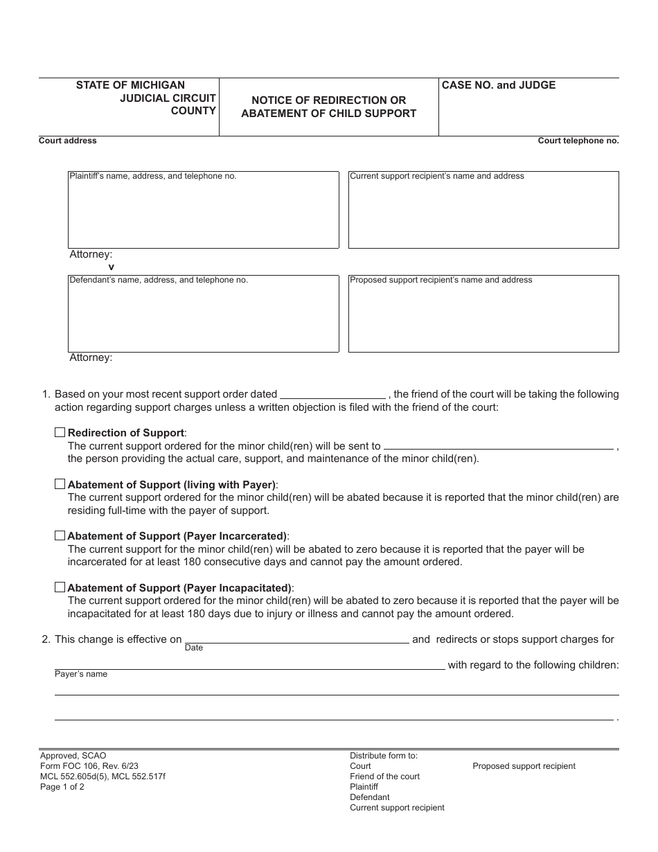 Form FOC106 Notice of Redirection or Abatement of Child Support - Michigan, Page 1