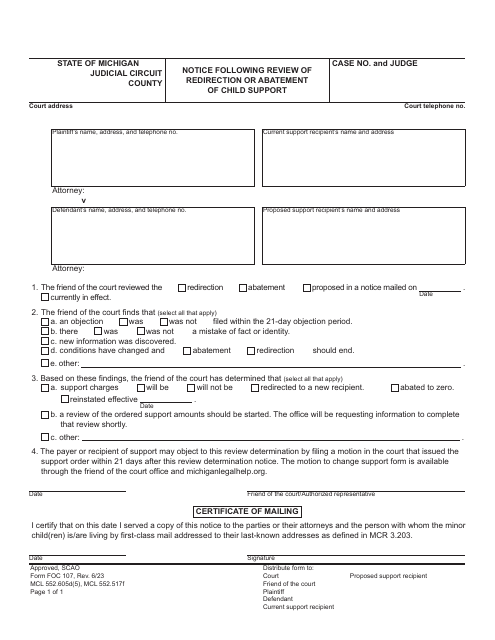 Form FOC107 Notice Following Review of Redirection or Abatement of Child Support - Michigan