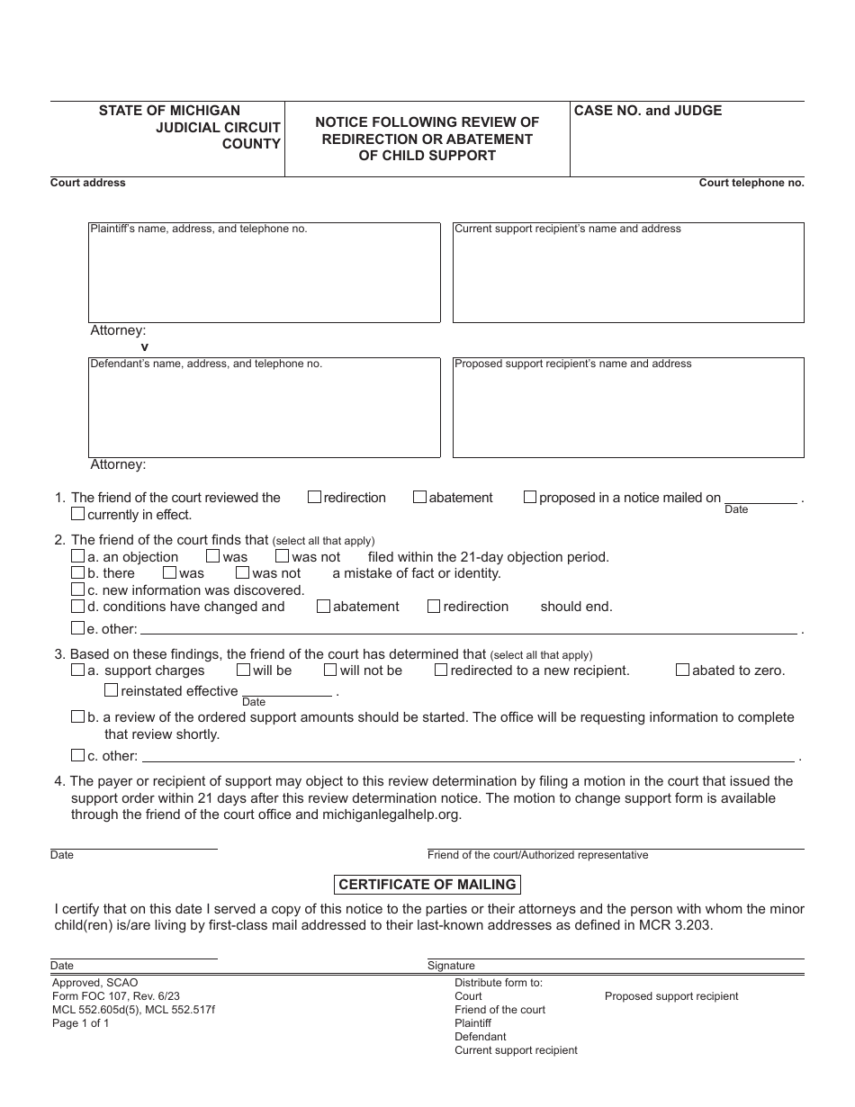 Form FOC107 Notice Following Review of Redirection or Abatement of Child Support - Michigan, Page 1