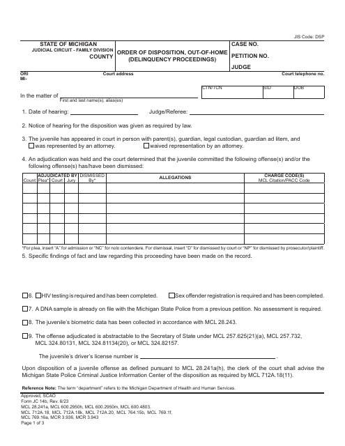 Form JC14B Order of Disposition, out-Of-Home (Delinquency Proceedings) - Michigan