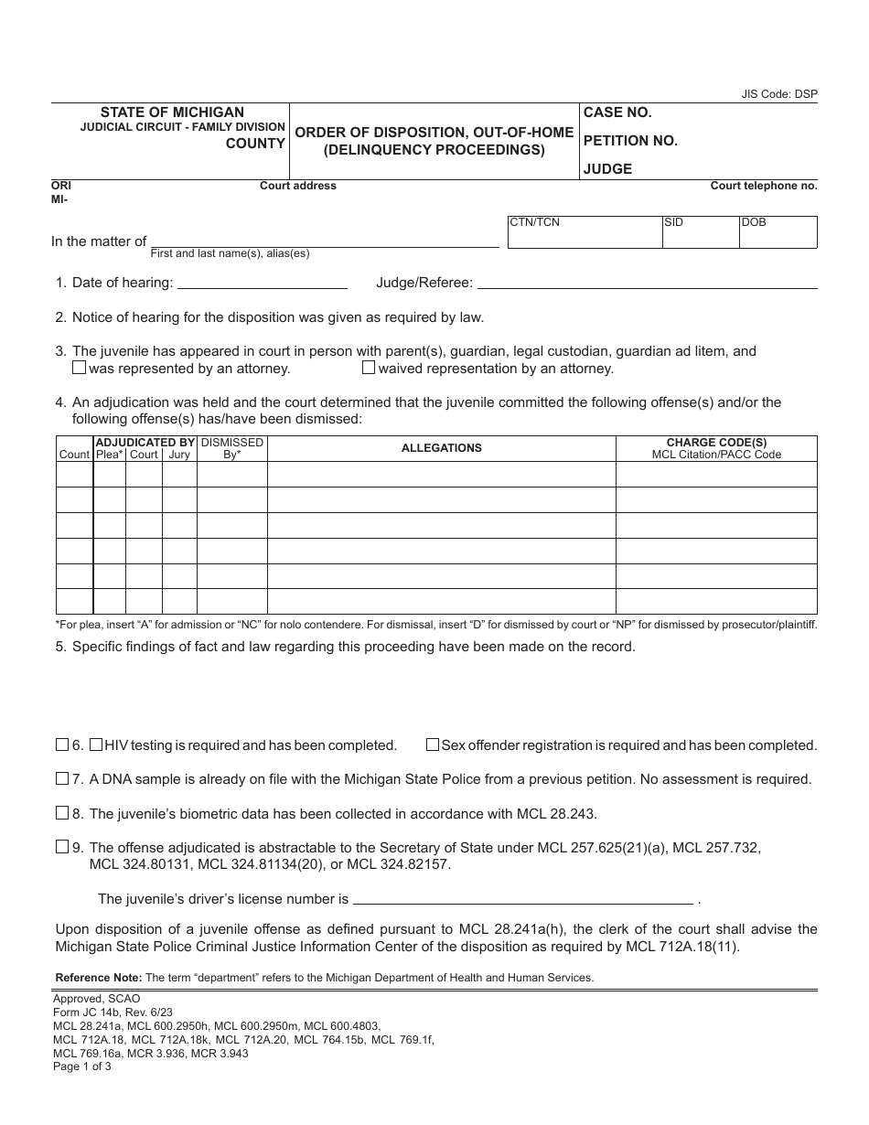 Form JC14B Order of Disposition, out-Of-Home (Delinquency Proceedings) - Michigan, Page 1