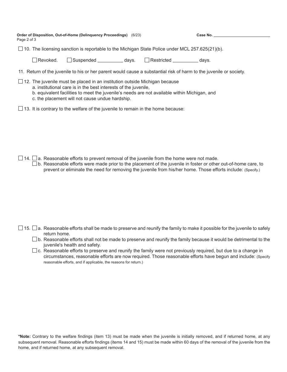 Form JC14B Order of Disposition, out-Of-Home (Delinquency Proceedings) - Michigan, Page 2