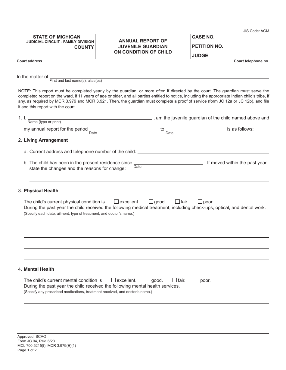 Form JC94 - Fill Out, Sign Online and Download Fillable PDF, Michigan ...