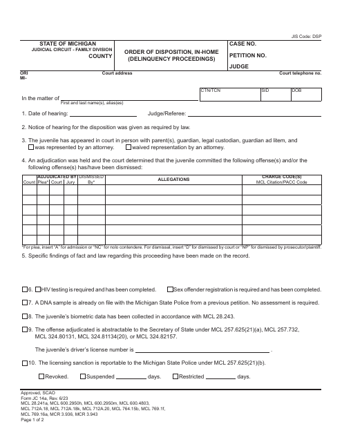 Form JC14A Order of Disposition, in-Home (Delinquency Proceedings) - Michigan