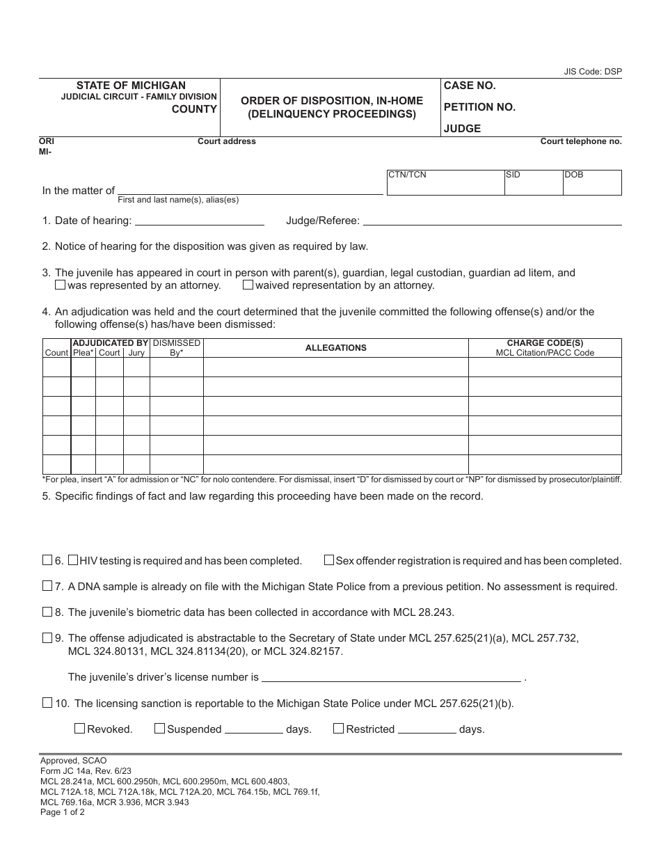 Form JC14A Order of Disposition, in-Home (Delinquency Proceedings) - Michigan, Page 1