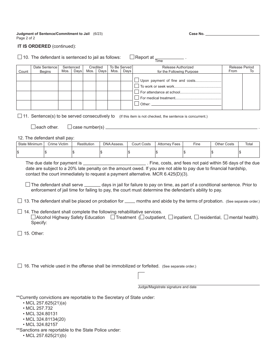 Form MC219 Judgment of Sentence / Commitment to Jail - Michigan, Page 2