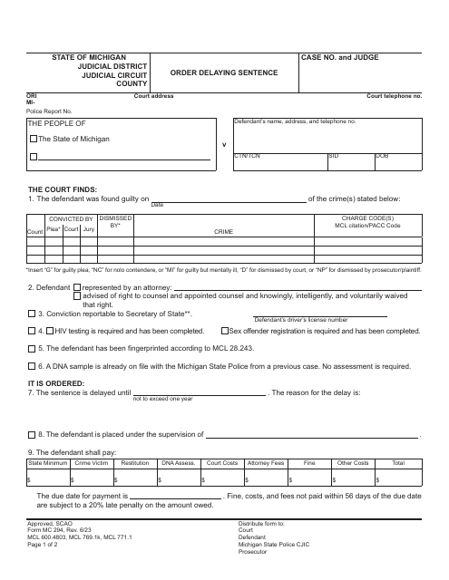 Form MC294 Order Delaying Sentence - Michigan