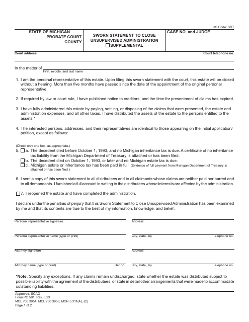 Form PC591 Sworn Statement to Close Unsupervised Administration - Michigan