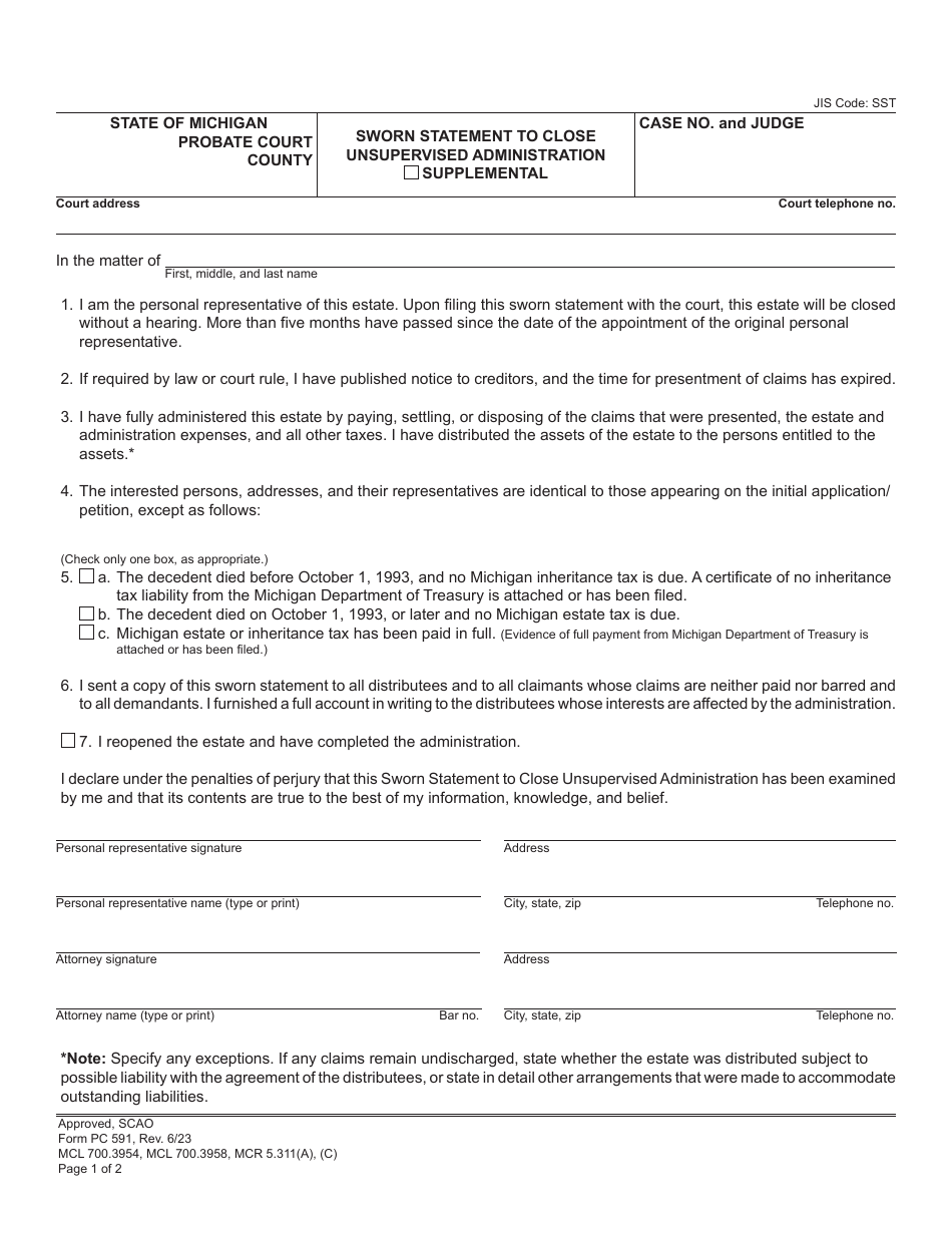 Form Pc591 Download Fillable Pdf Or Fill Online Sworn Statement To Close Unsupervised 1167