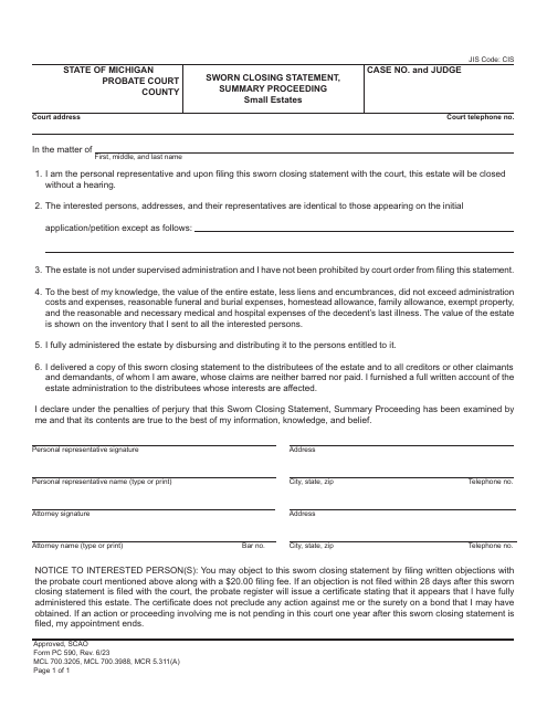Form PC590 Sworn Closing Statement, Summary Proceeding - Small Estates - Michigan