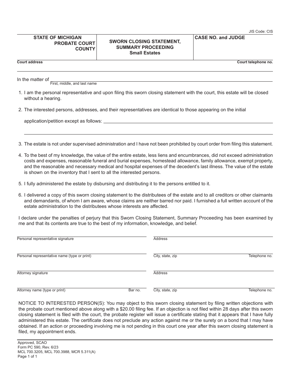 Form PC590 Sworn Closing Statement, Summary Proceeding - Small Estates - Michigan, Page 1