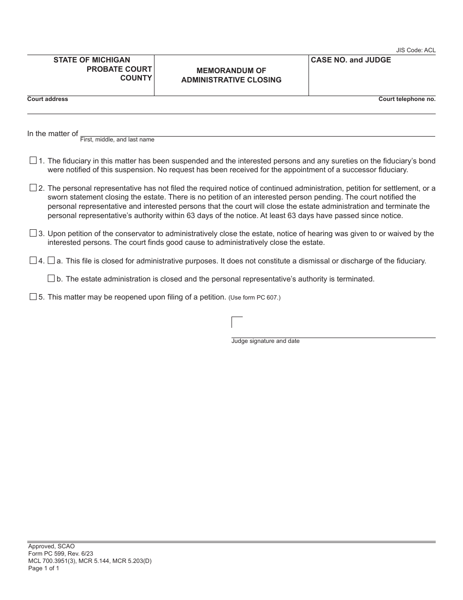 Form PC599 Memorandum of Administrative Closing - Michigan, Page 1
