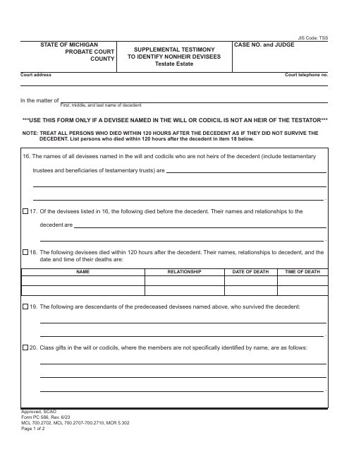 Form PC566 Supplemental Testimony to Identify Nonheir Devisees - Testate Estate - Michigan
