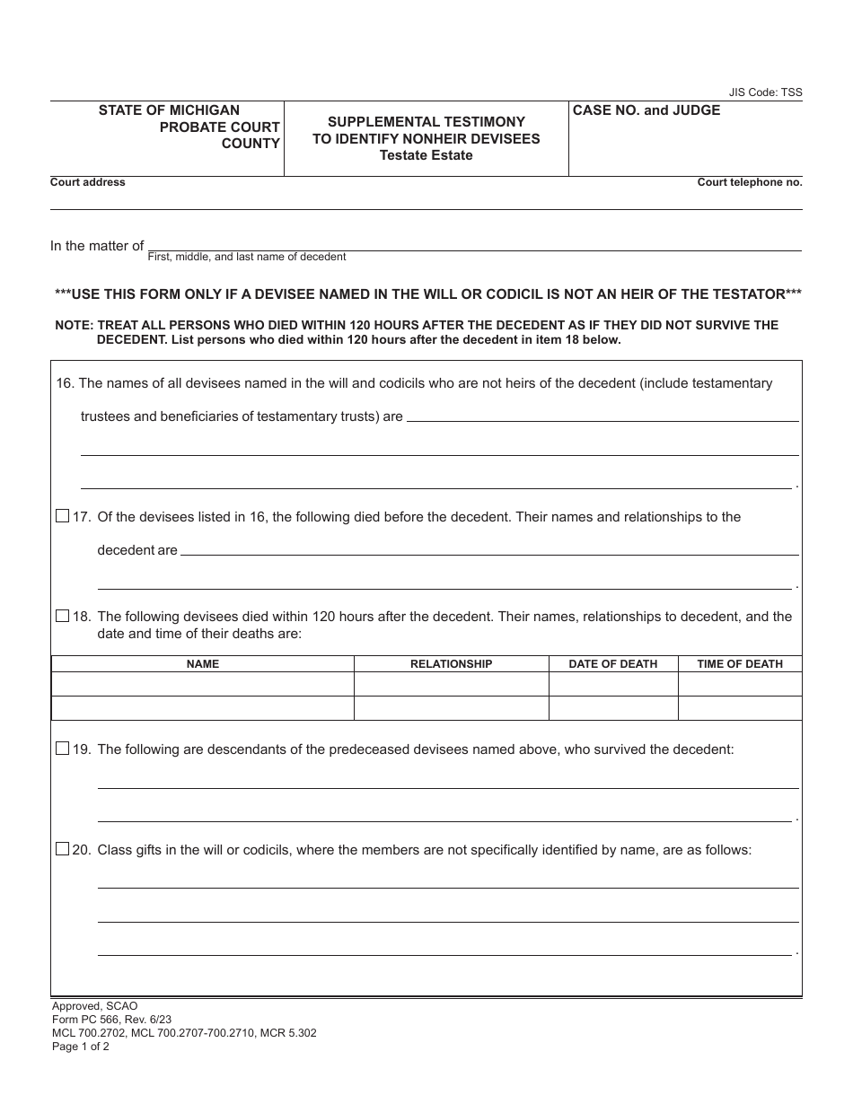 Form PC566 Supplemental Testimony to Identify Nonheir Devisees - Testate Estate - Michigan, Page 1