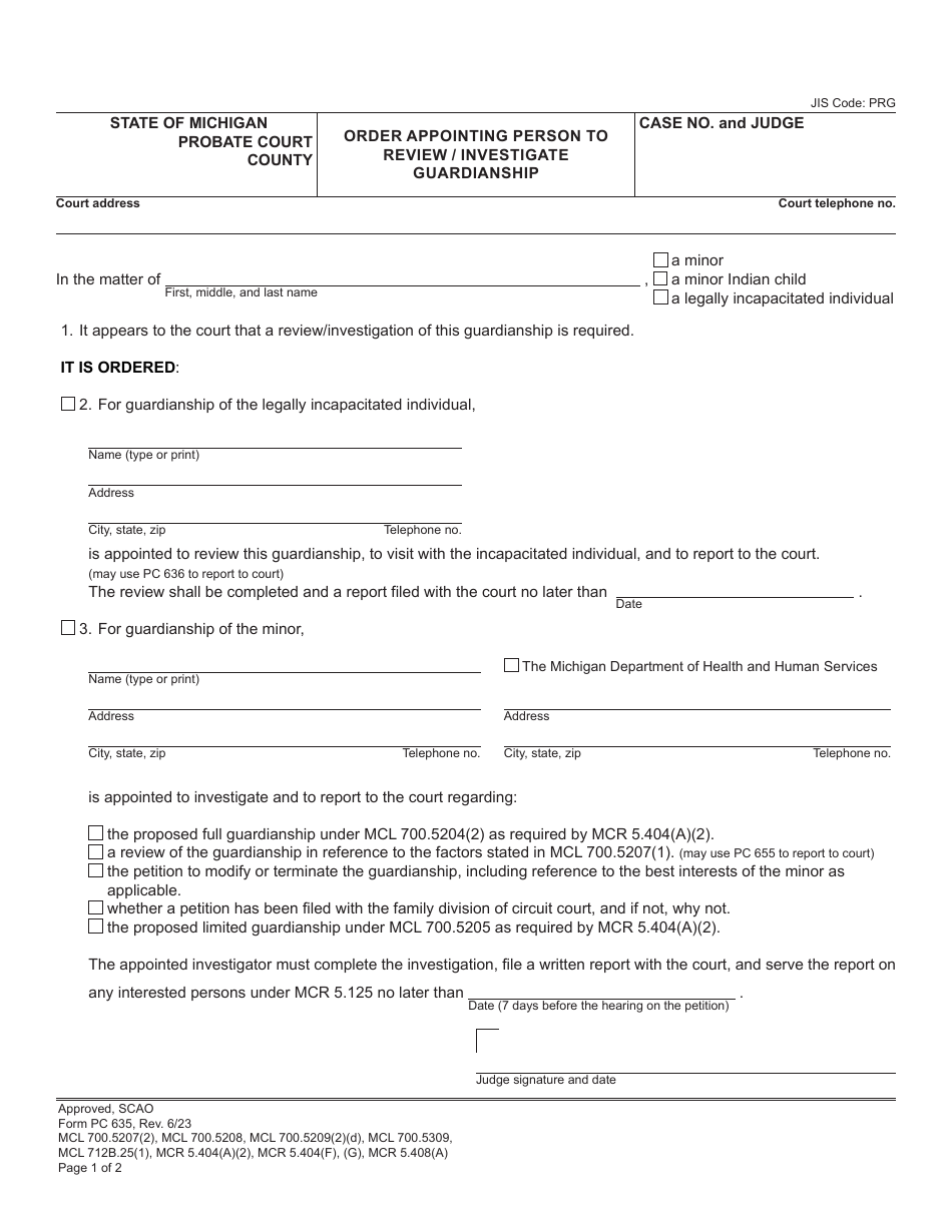 Form PC635 Order Appointing Person to Review / Investigate Guardianship - Michigan, Page 1