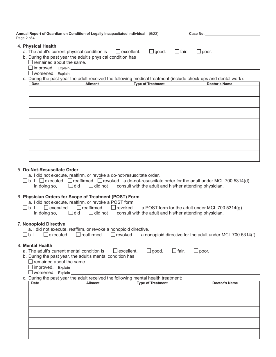 Form PC634 Annual Report of Guardian on Condition of Legally Incapacitated Individual - Michigan, Page 2