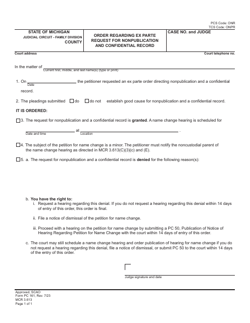 Form PC161 Order Regarding Ex Parte Request for Nonpublication and Confidential Record - Michigan
