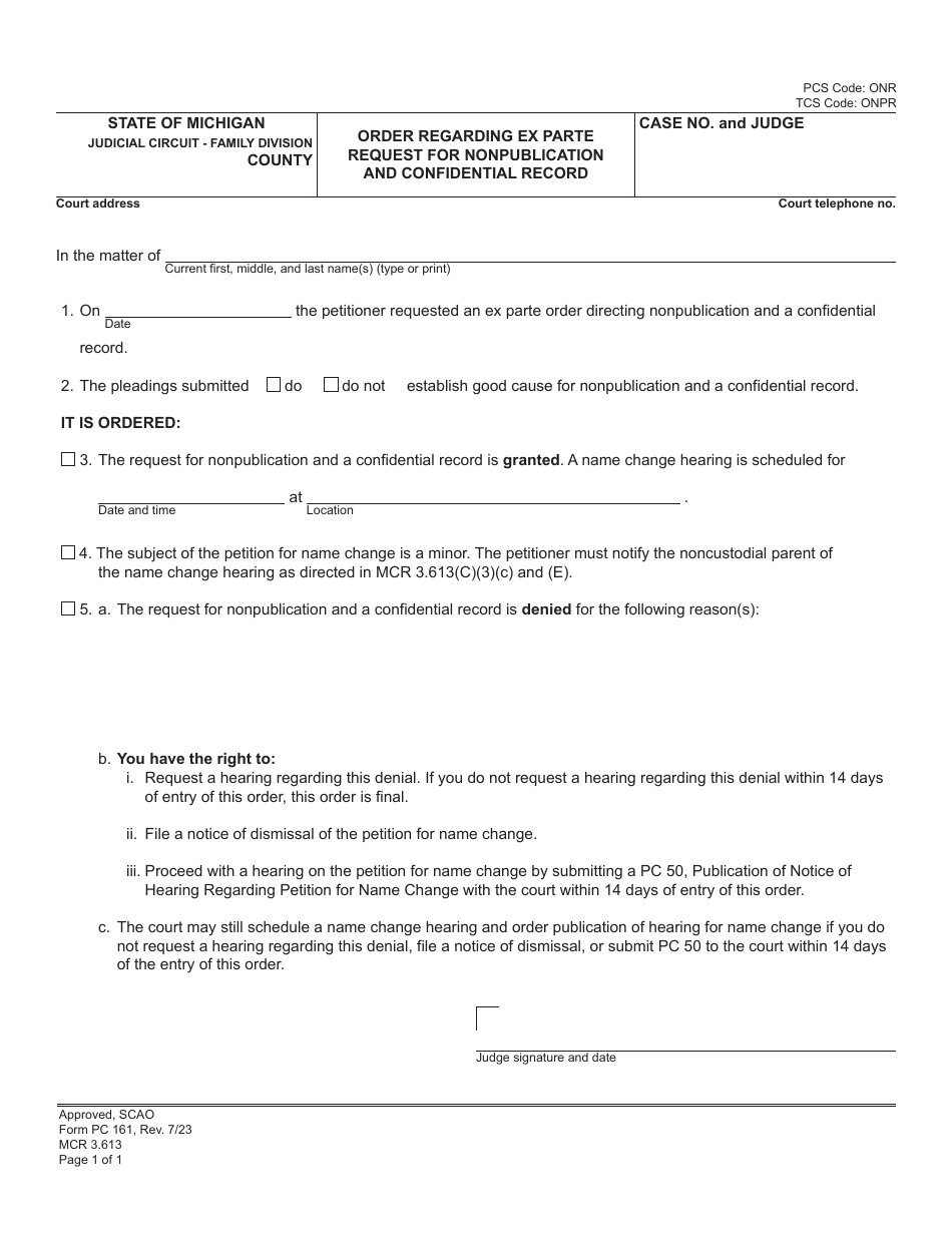 Form PC161 Order Regarding Ex Parte Request for Nonpublication and Confidential Record - Michigan, Page 1