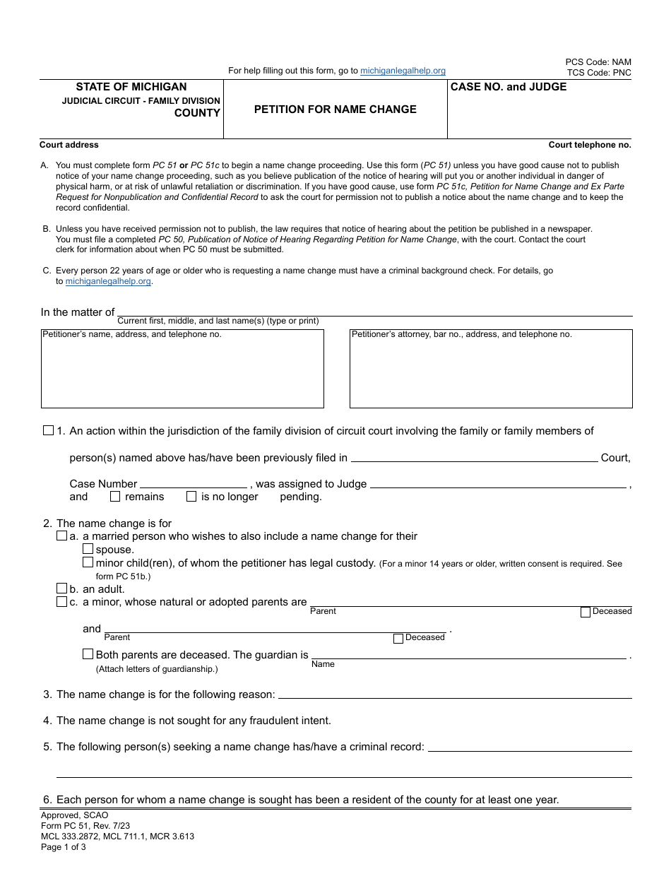 Form PC51 Download Fillable PDF or Fill Online Petition for Name Change ...