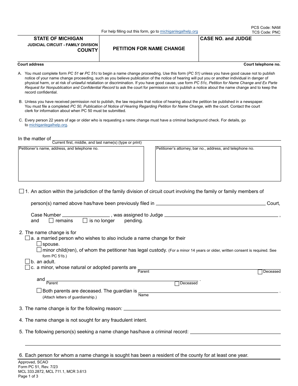 Form PC51 Petition for Name Change - Michigan, Page 1