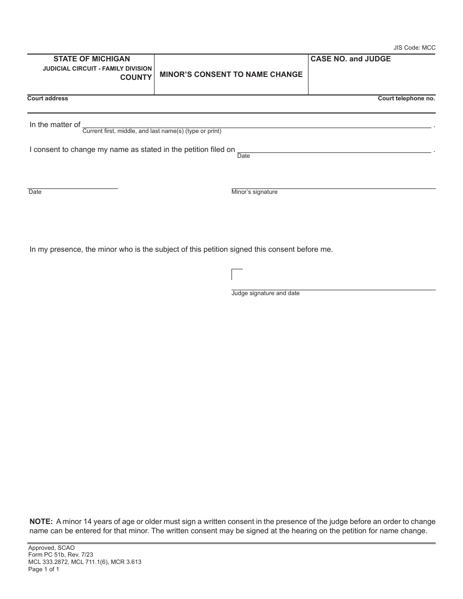 Form PC51B Minors Consent to Name Change - Michigan, Page 1