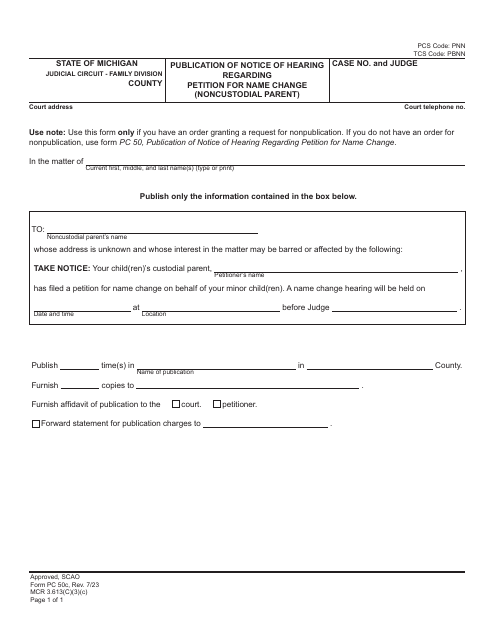 Form PC50C Publication of Notice of Hearing Regarding Petition for Name Change (Noncustodial Parent) - Michigan