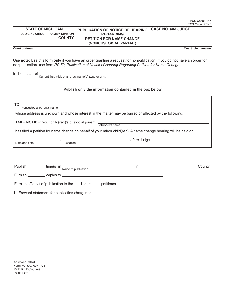 Form PC50C Publication of Notice of Hearing Regarding Petition for Name Change (Noncustodial Parent) - Michigan, Page 1