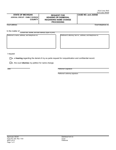 Form PC162 Request for Hearing or Dismissal Regarding Name Change Proceeding - Michigan