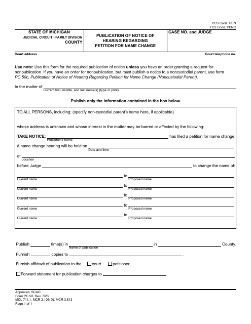 Form PC50 Publication of Notice of Hearing Regarding Petition for Name Change - Michigan