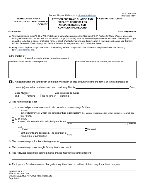 Form PC51C Petition for Name Change and Ex Parte Request for Nonpublication and Confidential Record - Michigan