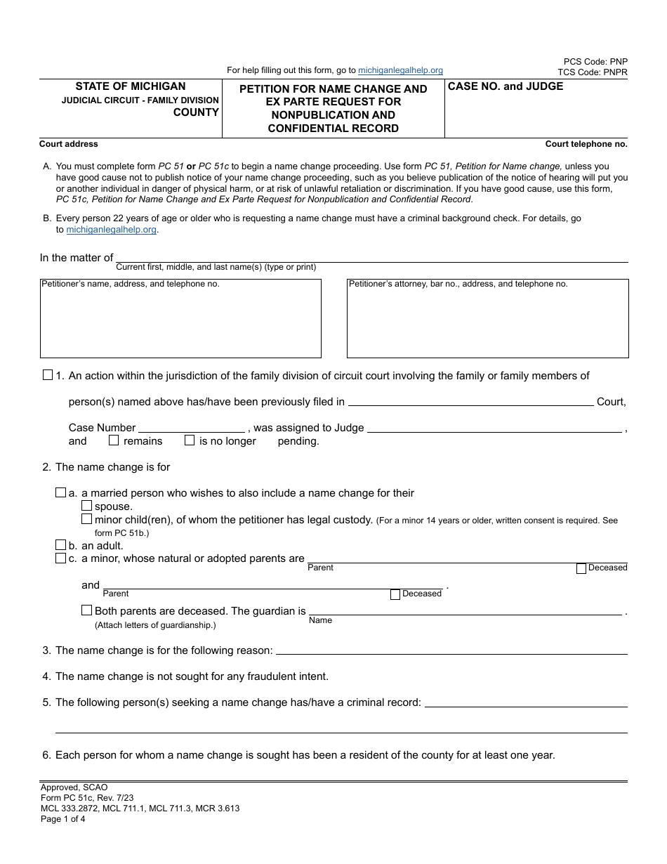 Form PC51C Petition for Name Change and Ex Parte Request for Nonpublication and Confidential Record - Michigan, Page 1