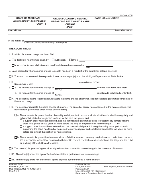 Form PC52 Order Following Hearing Regarding Petition for Name Change - Michigan