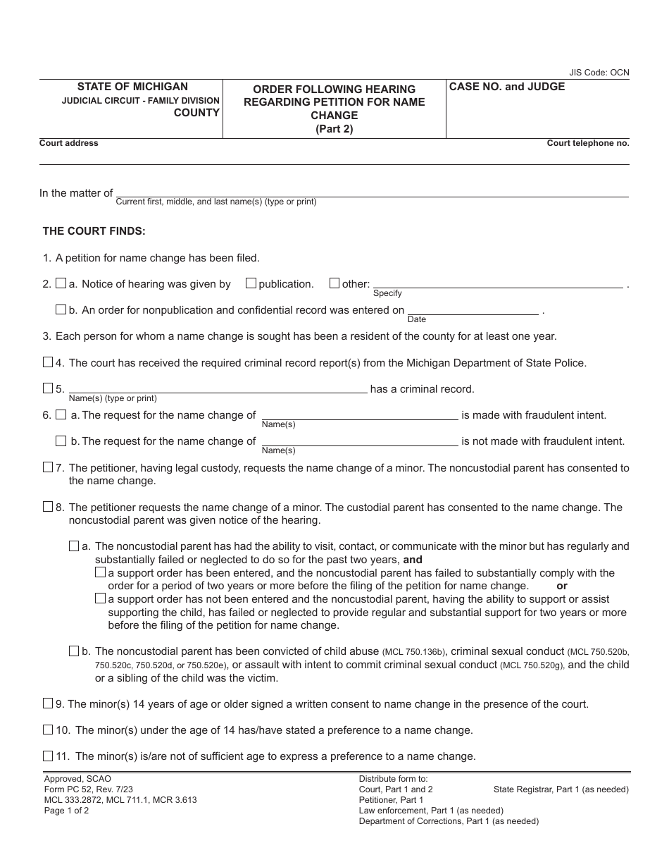Form PC52 Order Following Hearing Regarding Petition for Name Change - Michigan, Page 3