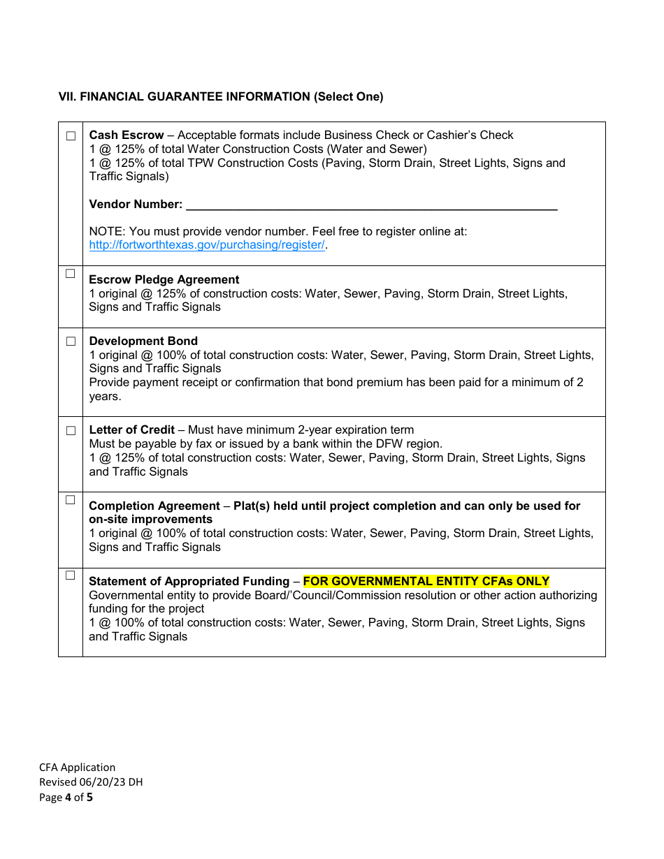 Community Facilities Agreement Application - City of Fort Worth, Texas, Page 4